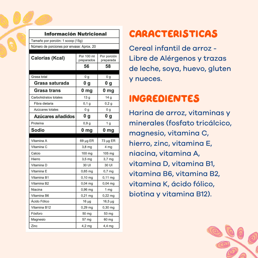Tabla de información nutricional de Fiido ® Cereal infantil