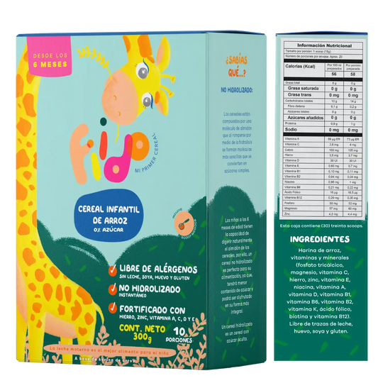 cereal infantil fiido de arroz para bebés desde los 6 meses, sin azúcar añadida, libre de alérgenos y fortificado con hierro