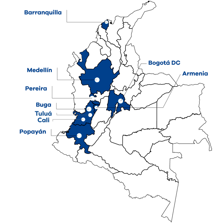 Mapa de Colombia con ubicaciones de profesionales Fiido