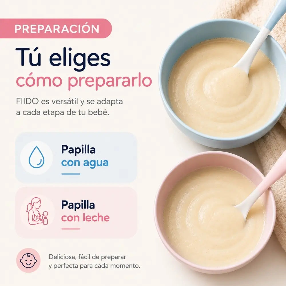 Papilla de cereal infantil Fiido preparada con agua y leche