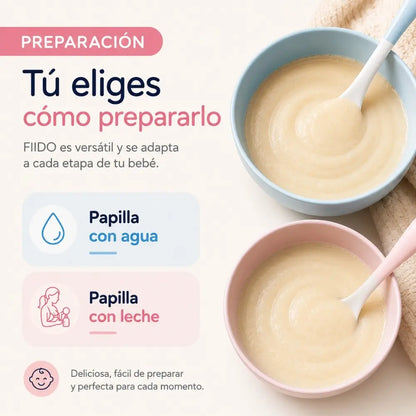 Papilla de cereal infantil Fiido preparada con agua y leche