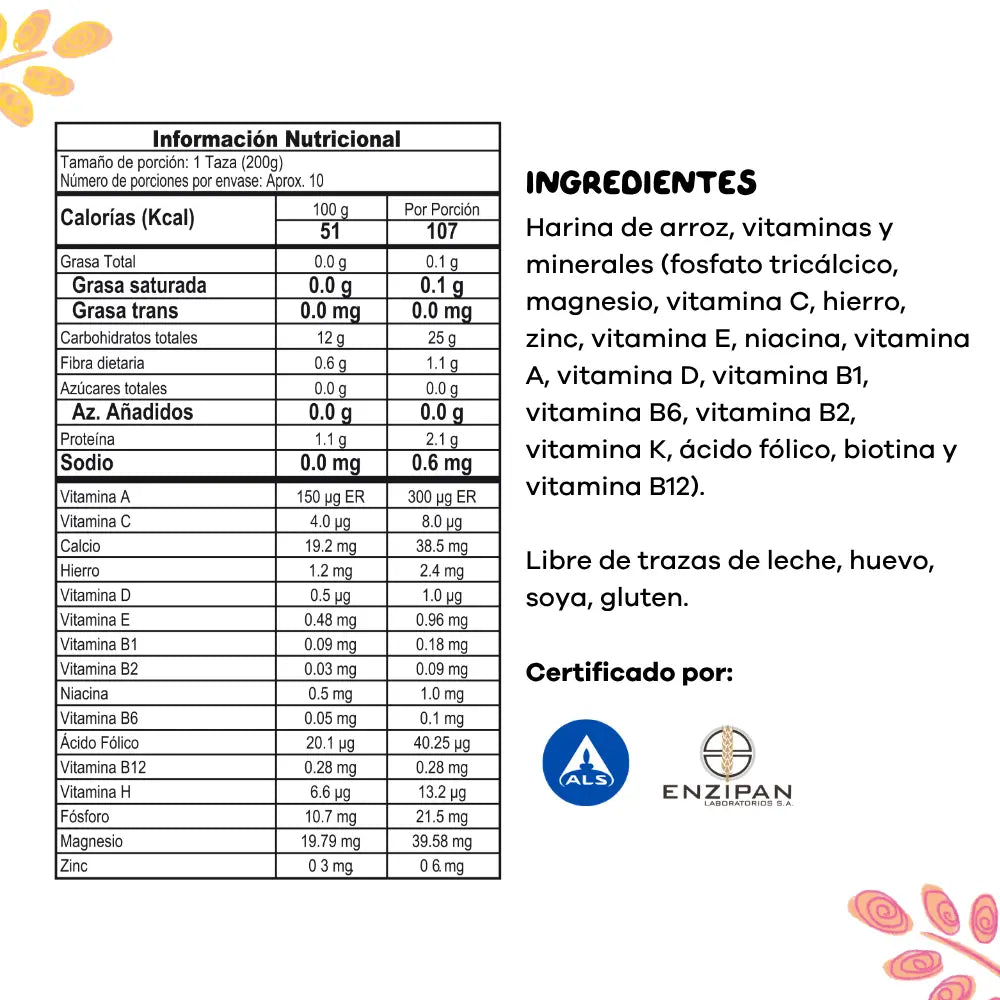 Tabla nutricional e ingredientes del cereal infantil Fiido de arroz libre de trazas